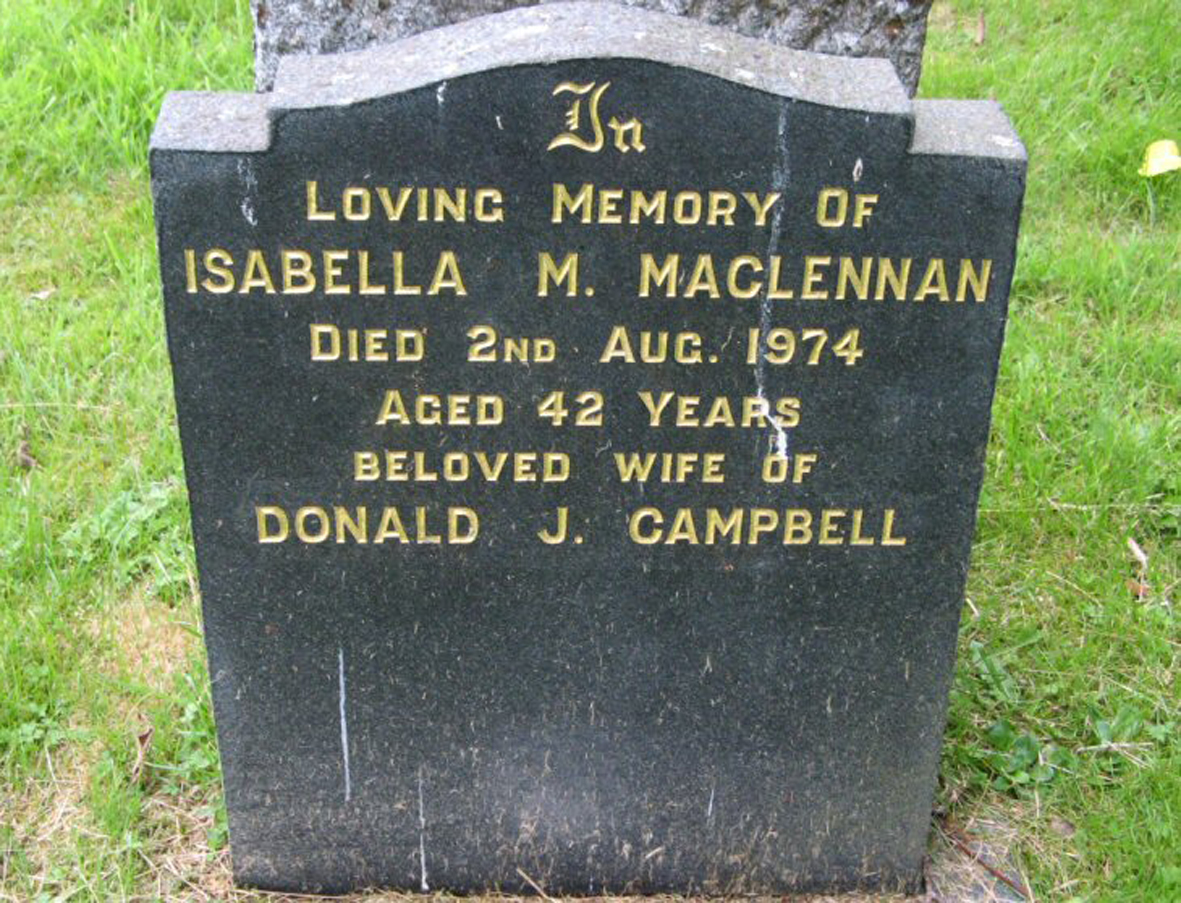 Photo of headstones/Isabella M MacLennan (Campbell) died 1974 MI Milton, Strathconon